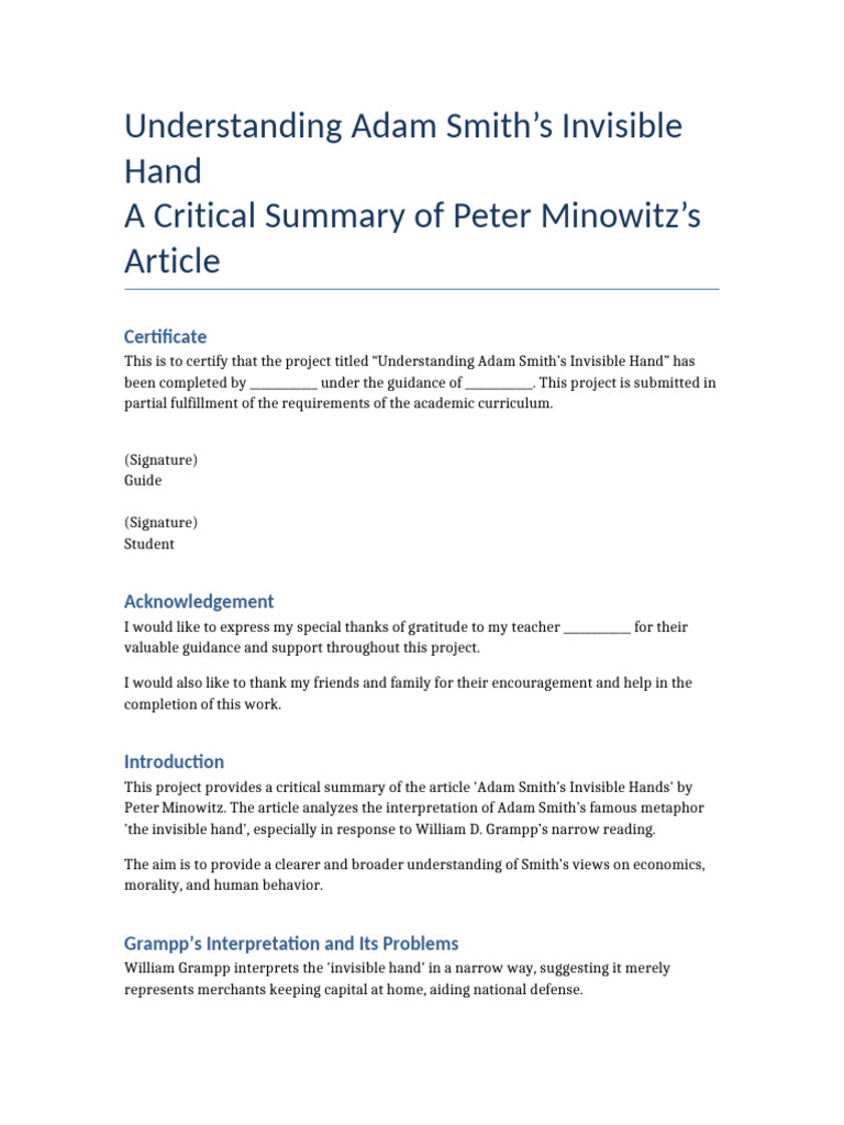 Adam Smith Invisible Hand Project | PDF | Adam Smith | Liberal Arts ...