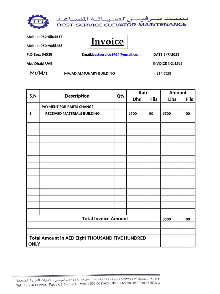 Invoice for Parts Change - AED 8500 | PDF