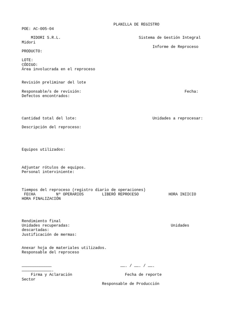 Informe de Reproceso de Producto Midori | PDF