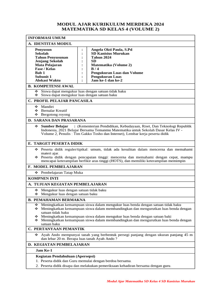 Modul Ajar Matematika Kelas 4 SD 2024 | PDF