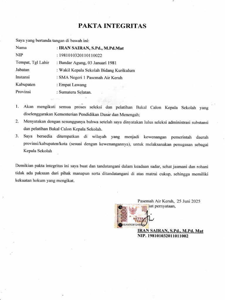 Contoh Pakta Integritas Kepala Sekolah | PDF