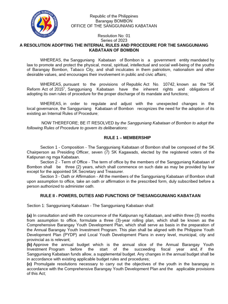 Bombon SK Internal Rules Resolution | PDF | Quorum