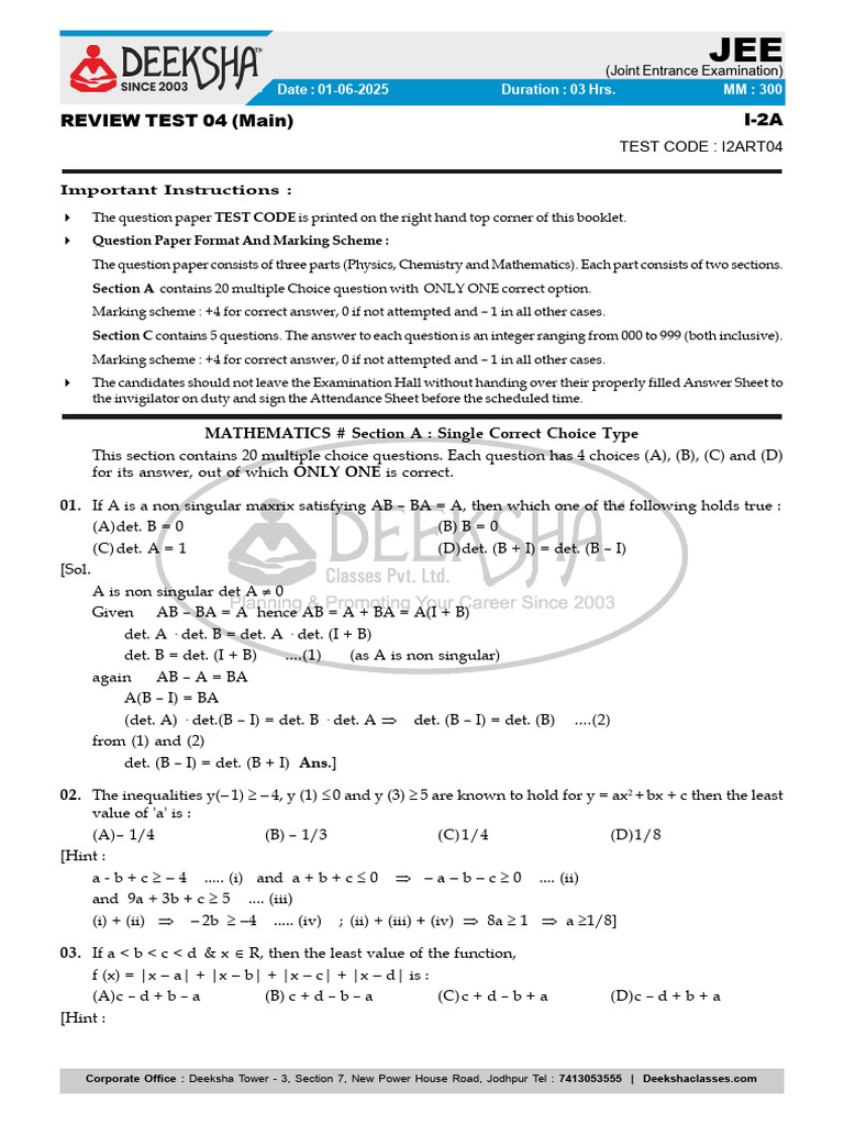 JEE Main Review Test I-2A Questions | PDF | Function (Mathematics ...
