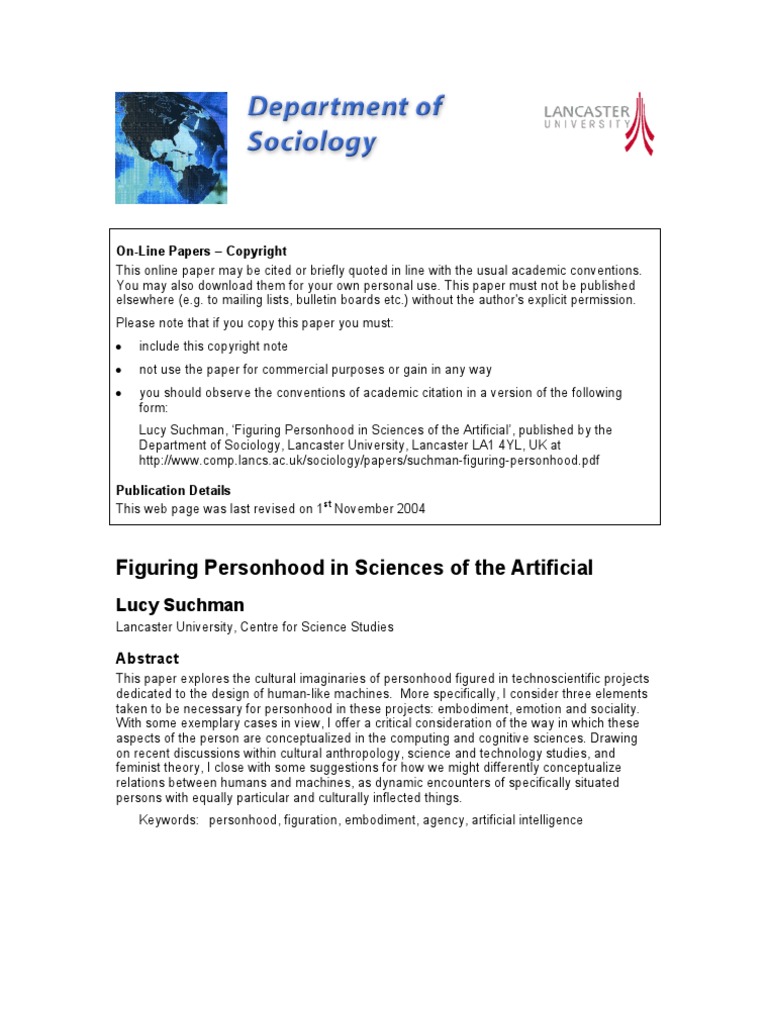 Suchman Figuring Personhood | PDF | Embodied Cognition | Artificial ...