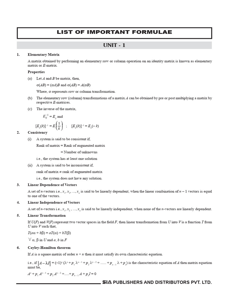 Imp Formulae | PDF | Matrix (Mathematics) | Eigenvalues And Eigenvectors
