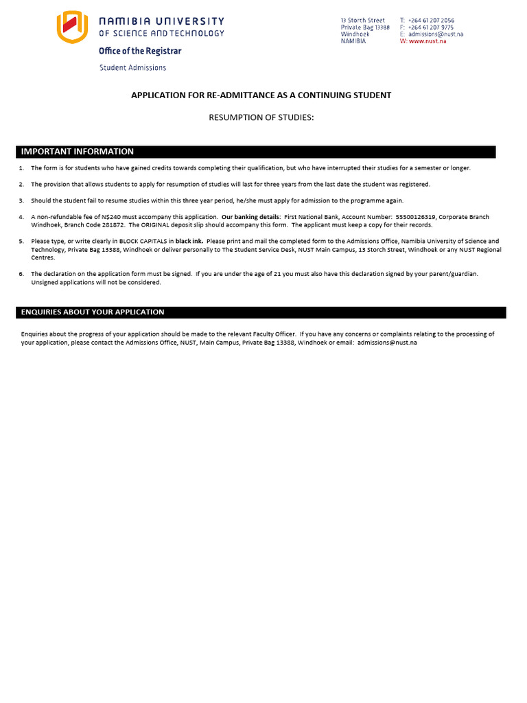 NUST Resumption of Studies Application 2024 | PDF | Indemnity | Fee