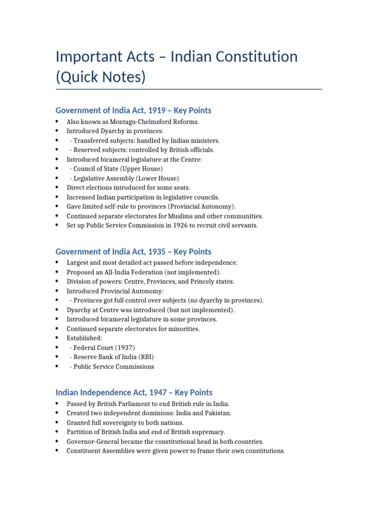 Important Acts Quick Notes | PDF