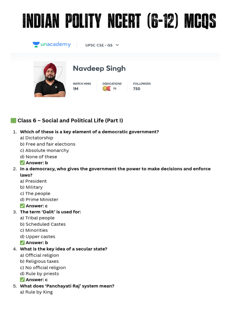 Indian Polity NCERT MCQs for Classes 6-10 | PDF | Government | Legal ...