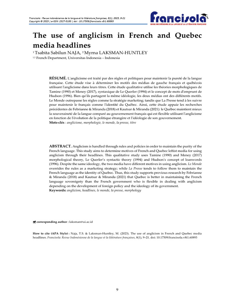 The Use of Anglicism in French and Quebec Media Headlines. Francisola ...