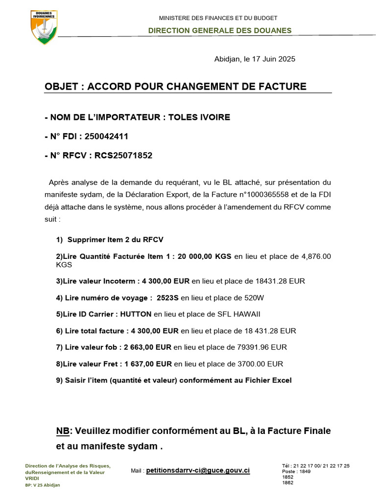 Accord de Changement de Facture RFCV | PDF