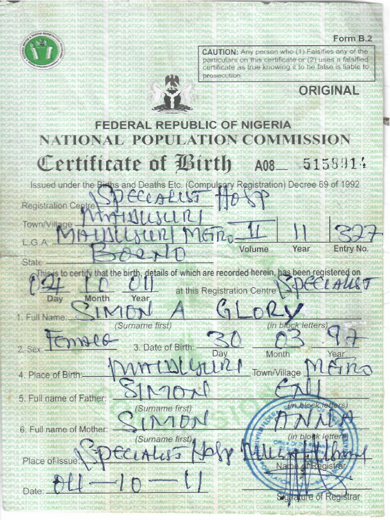Npc - Certificate of Birth | PDF