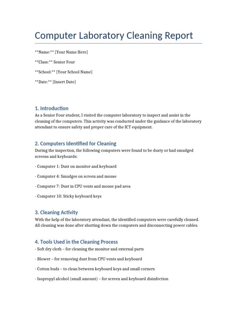 Computer Lab Cleaning Report Senior Four | PDF