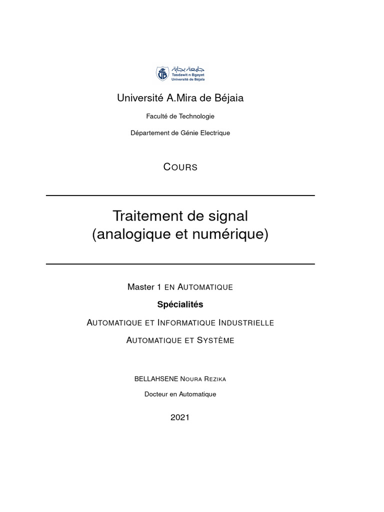 Cours de Traitement de Signal M1 | PDF | Transformation de Fourier ...
