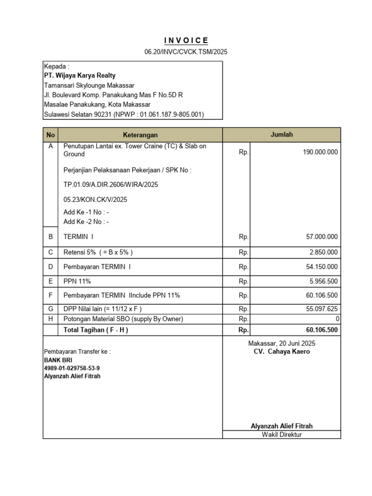 Invoice Pembayaran Rp. 190.000.000 | PDF