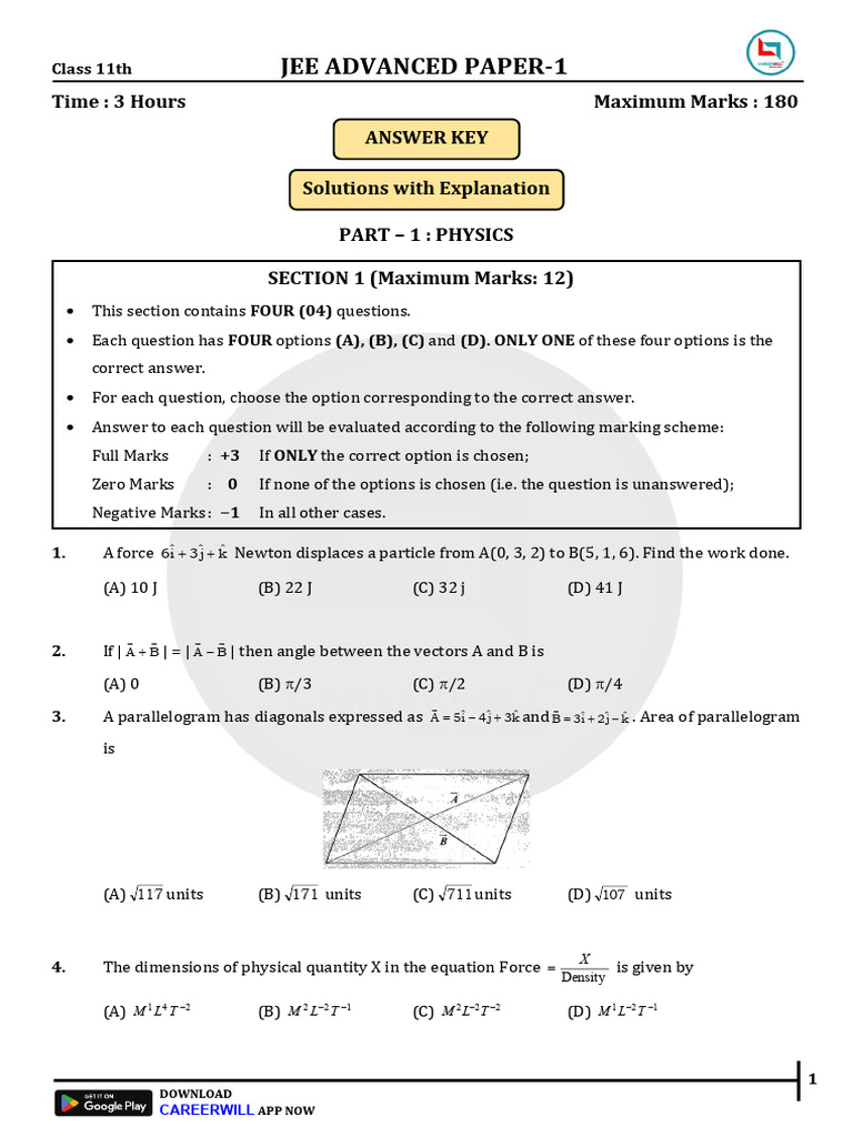 JEE Advanced Physics Paper 1 Solutions | PDF | Velocity | Euclidean Vector