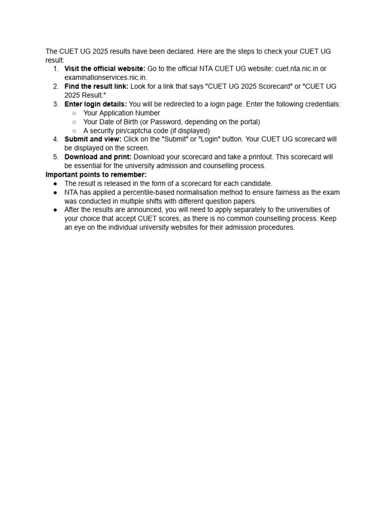 Steps To Check Cuet Ug Result | PDF