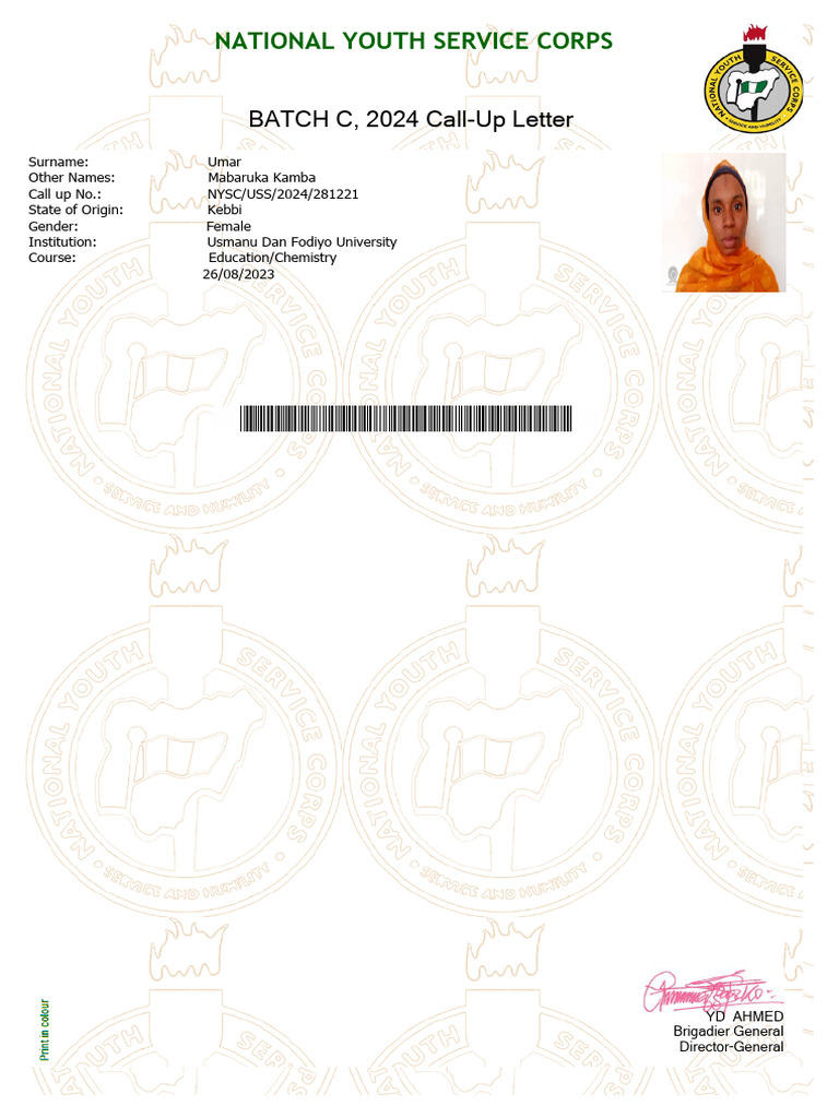 NYSC Call-Up Letter for Umar Mabaruka | PDF | Government