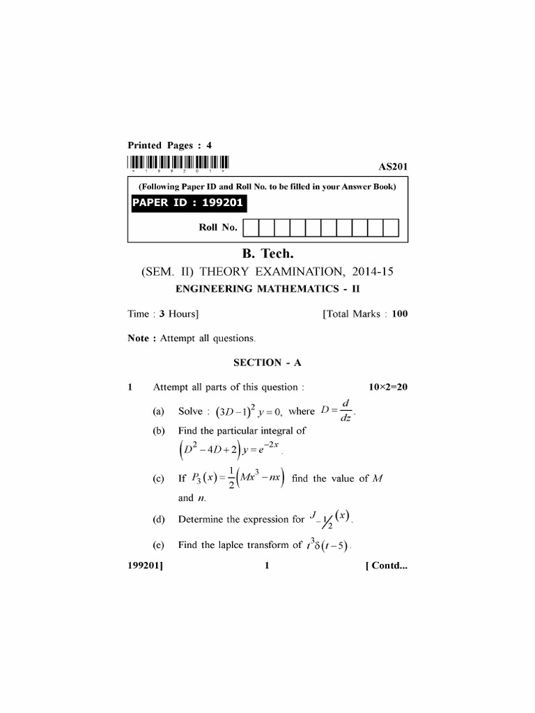 Btech 2 Sem Engineering Mathematics 2 As201 2015 | PDF
