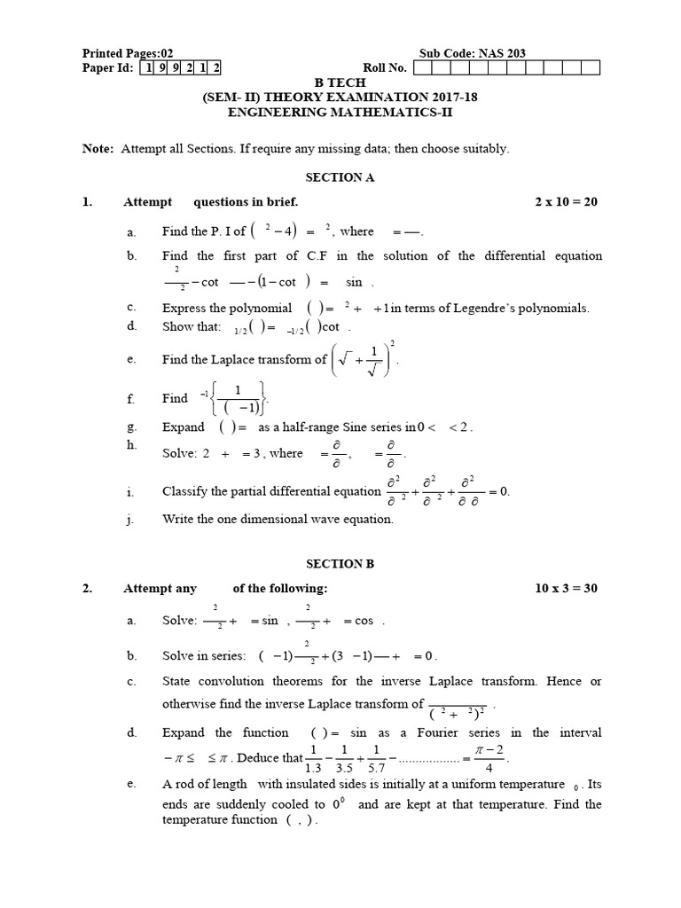 Engineering Mathematics II Exam 2017-18 | PDF | Calculus | Functions ...