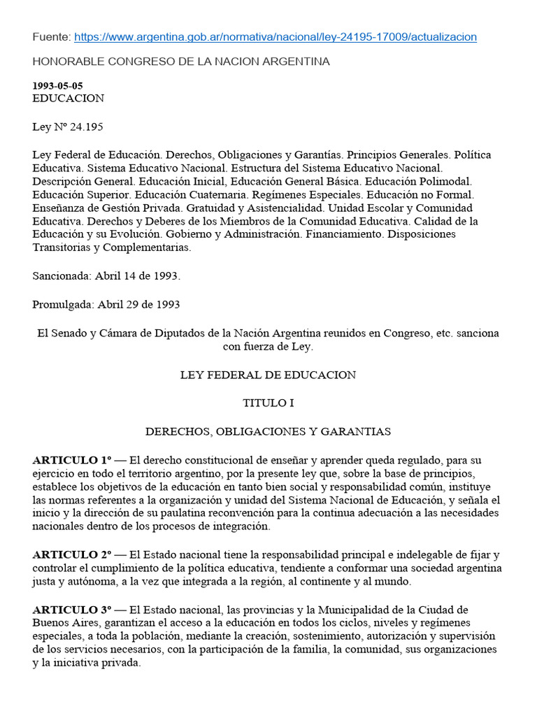 Ley Federal de Educacion 24.195 - Arg - Gob.ar | PDF | Educación de la ...