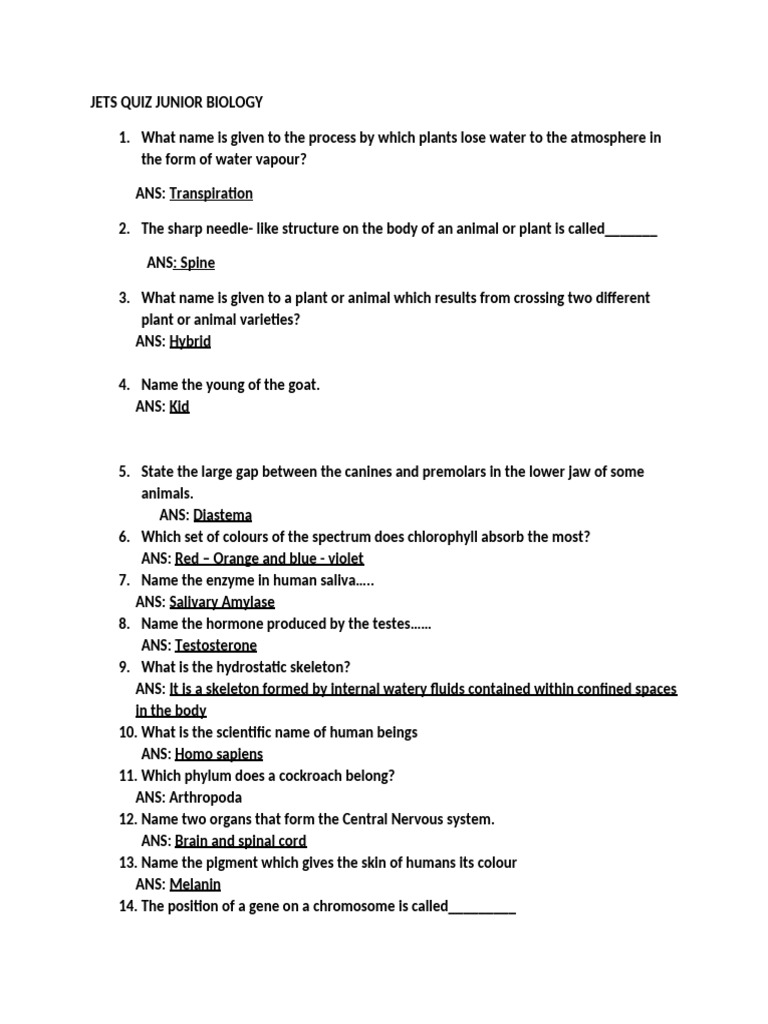 Junior Biology Quiz Questions and Answers | PDF