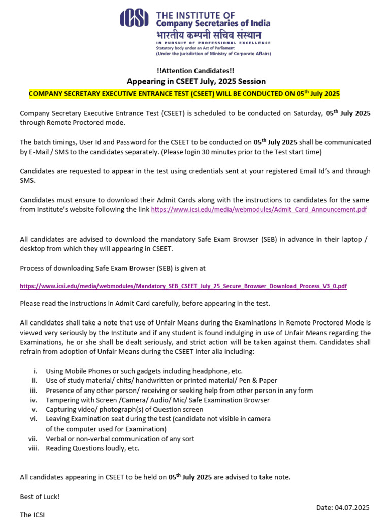 CSEET July 2025 Exam Instructions | PDF | Computing