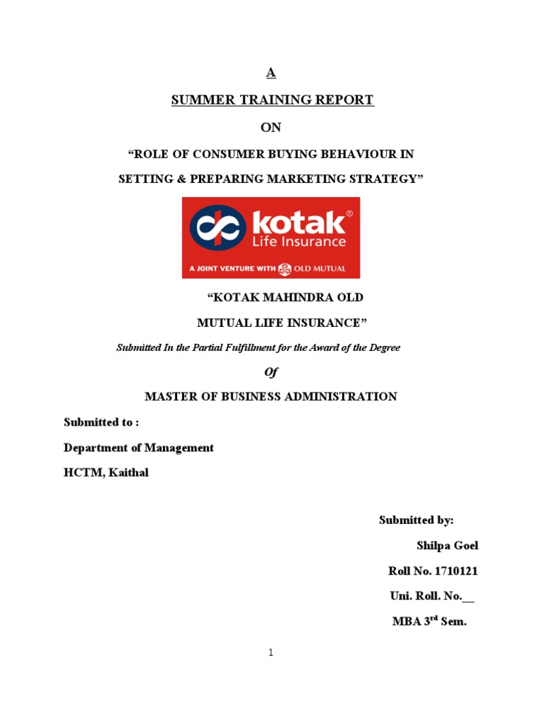 Project Report On Kotak Life Insurance | Download Free PDF | Life ...