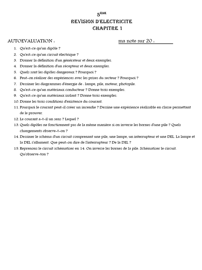 Évaluation Circuit Électrique 5ème | PDF