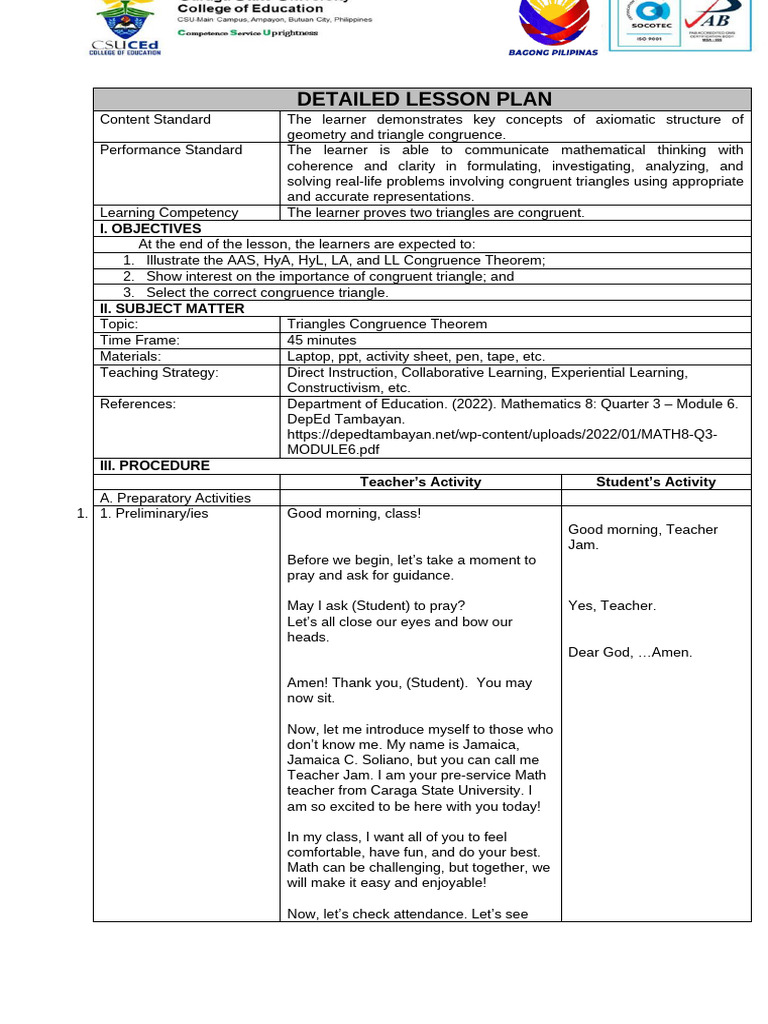 Triangle Congruence Lesson Plan | PDF | Triangle | Euclidean Geometry
