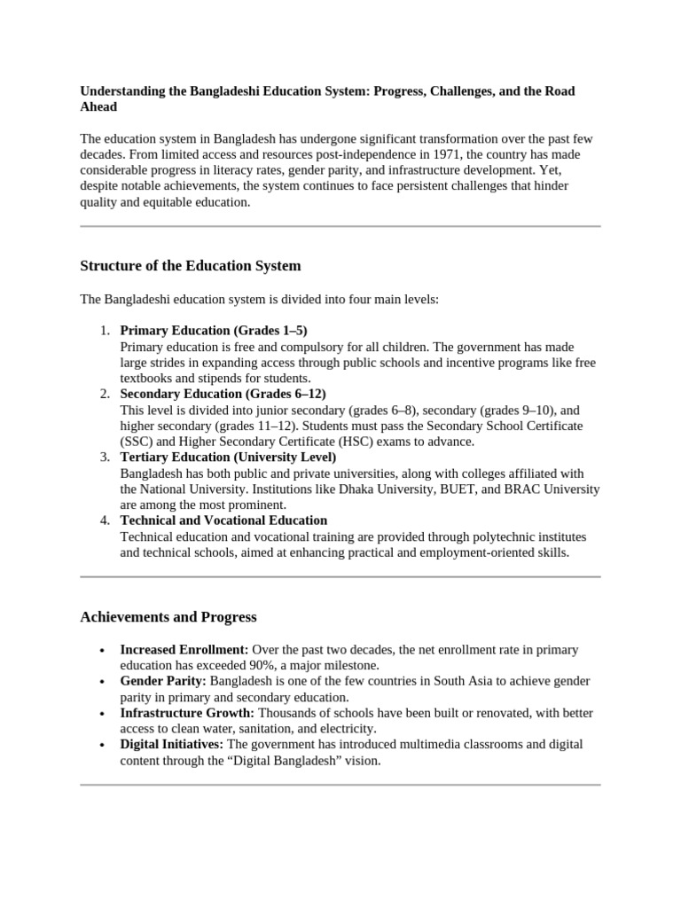Bangladesh Education System: Progress & Challenges | PDF