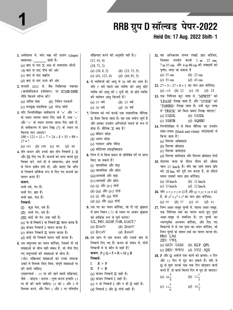 RRB Exam 2022 Question Paper Analysis | PDF