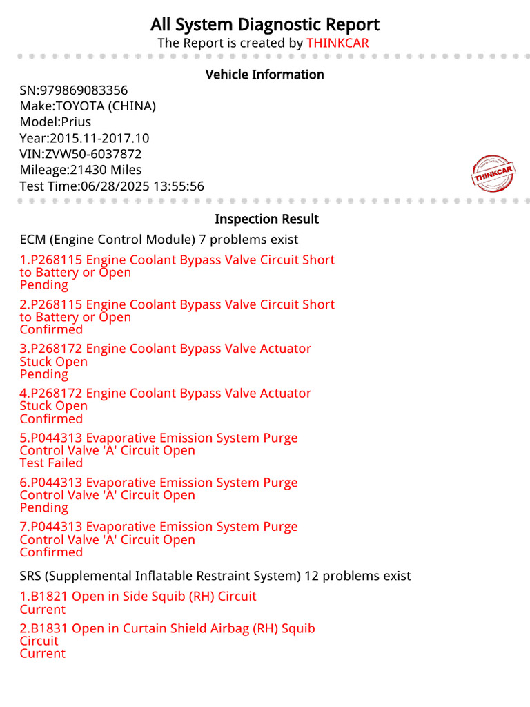 Toyota Prius Diagnostic Report Summary | PDF | Airbag | Anti Lock ...