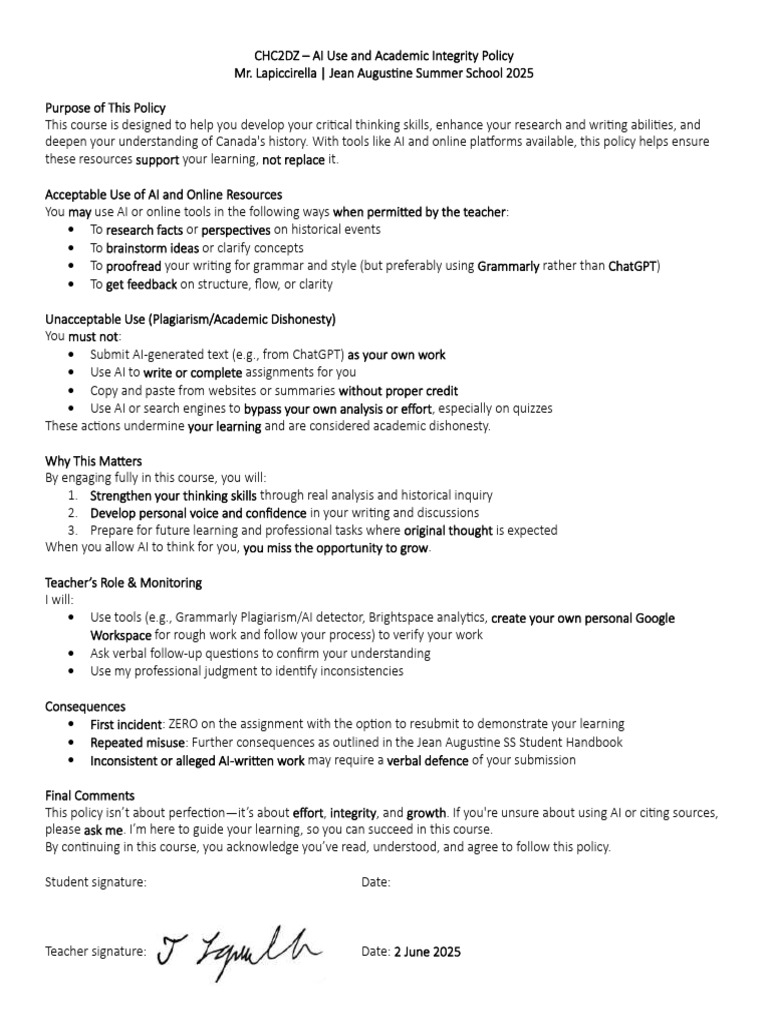 AI Use and Academic Integrity Policy | PDF | Artificial Intelligence ...