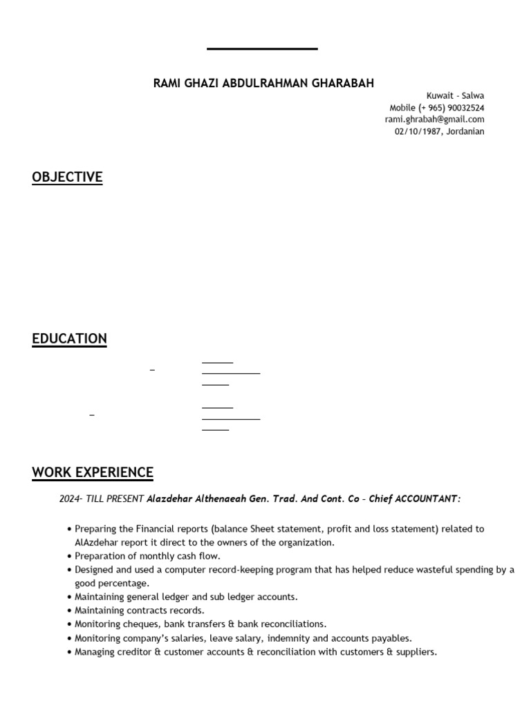 Chief Accountant CV - Rami Ghazi Gharabah | PDF | Bookkeeping | Balance ...