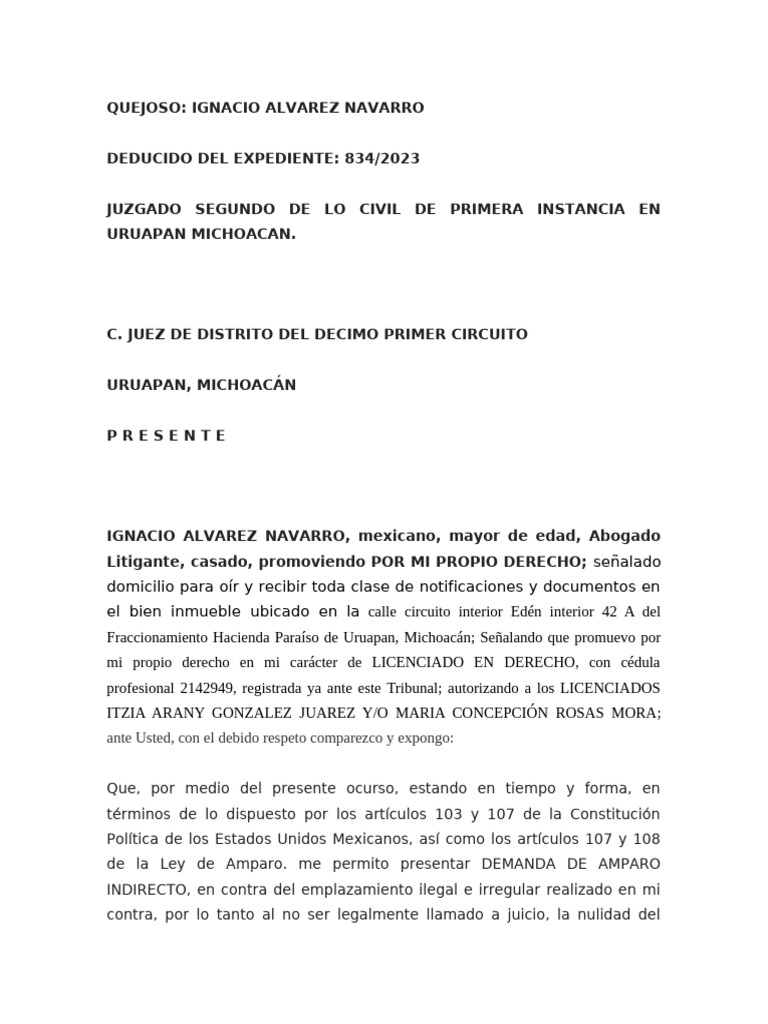 Demanda de Amparo por Emplazamiento Ilegal | PDF | Caso de ley ...