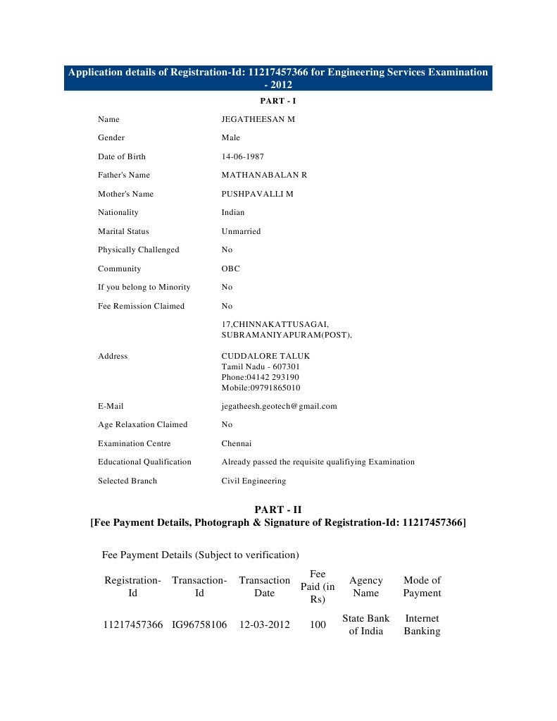 Engineering Services Exam Registration 2012 | PDF