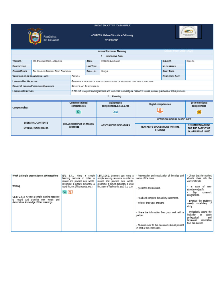 English Curriculum Plan for 5th Grade | PDF | Pedagogy | Vocabulary
