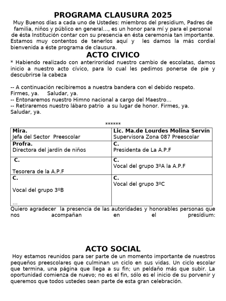Programa de Clausura Preescolar 2025 | PDF | Educación de la primera ...