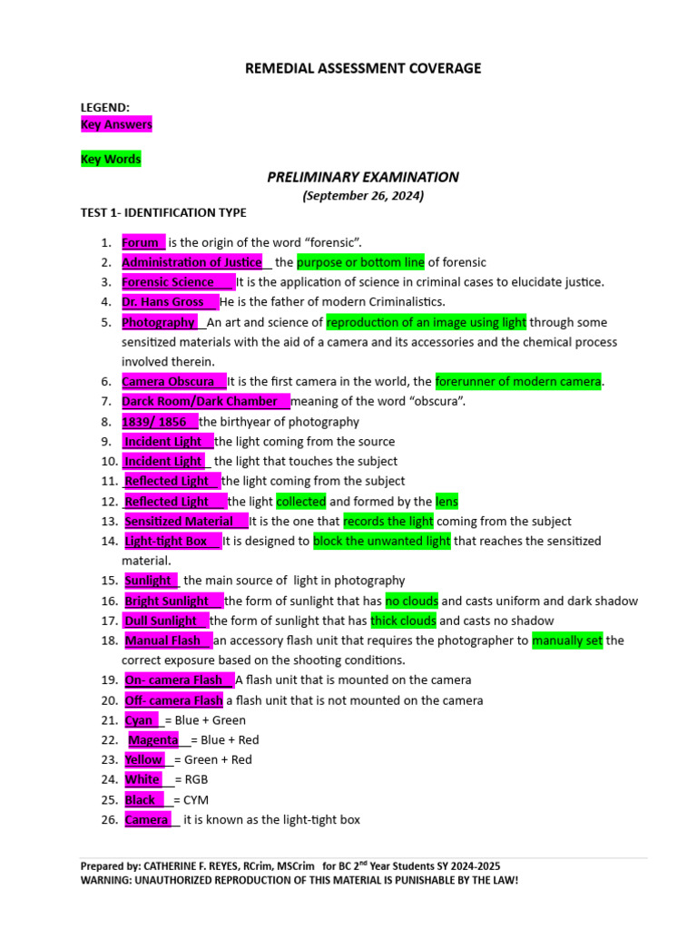 Remedial Assessment Coverage: Preliminary Examination | PDF | Camera ...