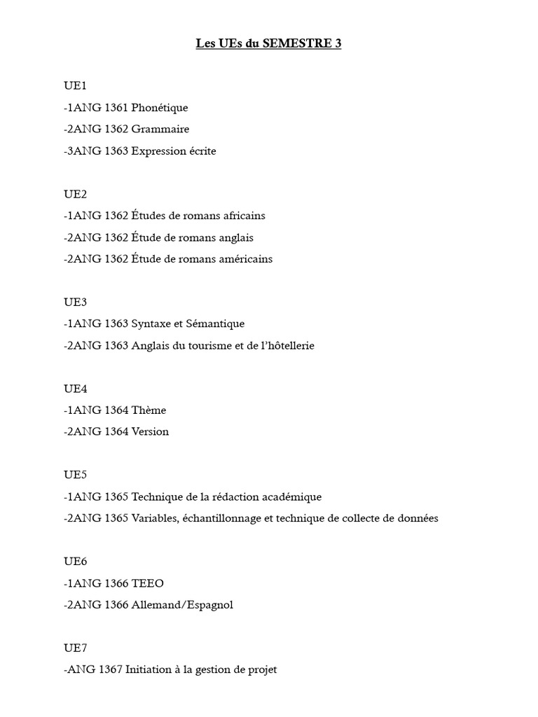 UEs Semestre 3 et 4 : Cours et Thèmes | PDF