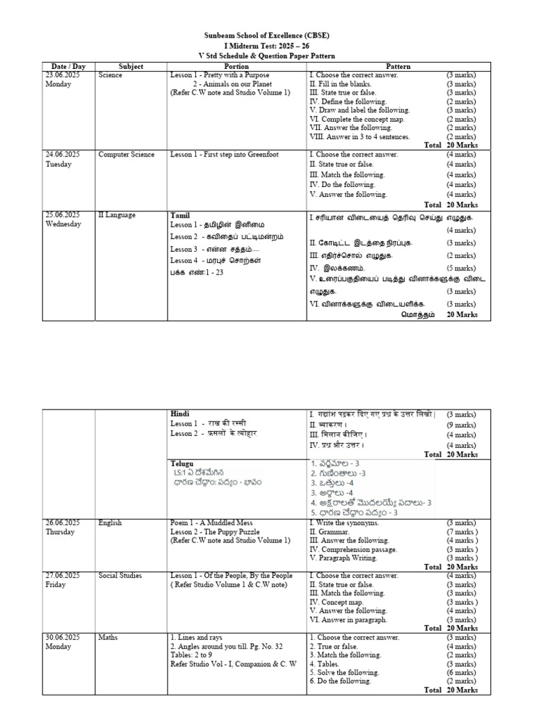 I Midterm Test Schedule & Pattern - V STD | PDF