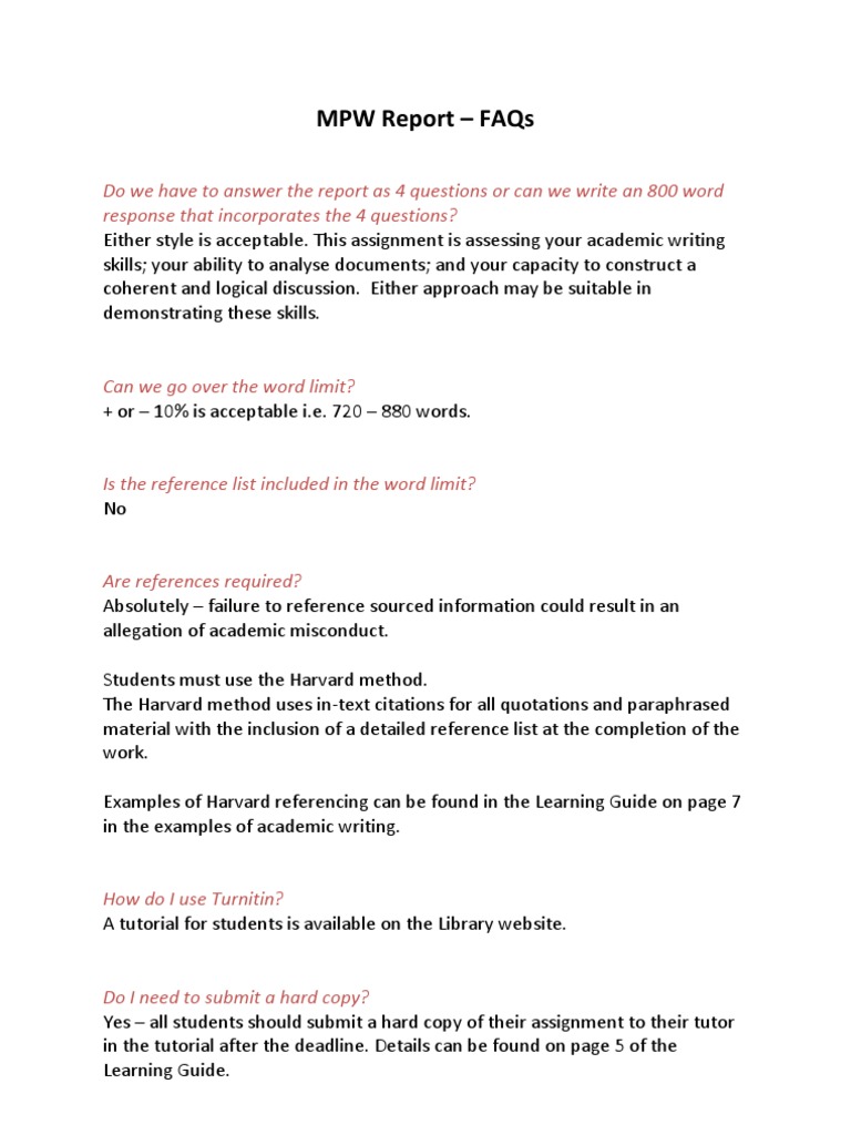 MPW Report FAQs and Guidelines | PDF | Turnitin | Teaching