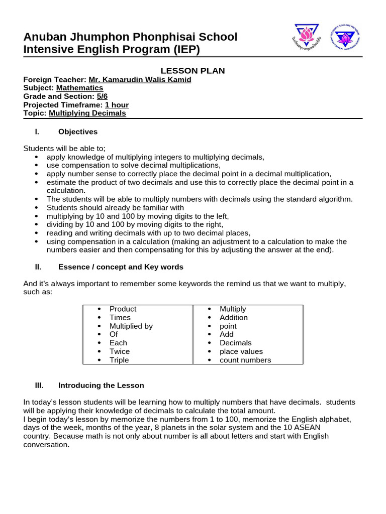 Lesson Plan Multiplying Decimals | PDF | Multiplication | Numbers