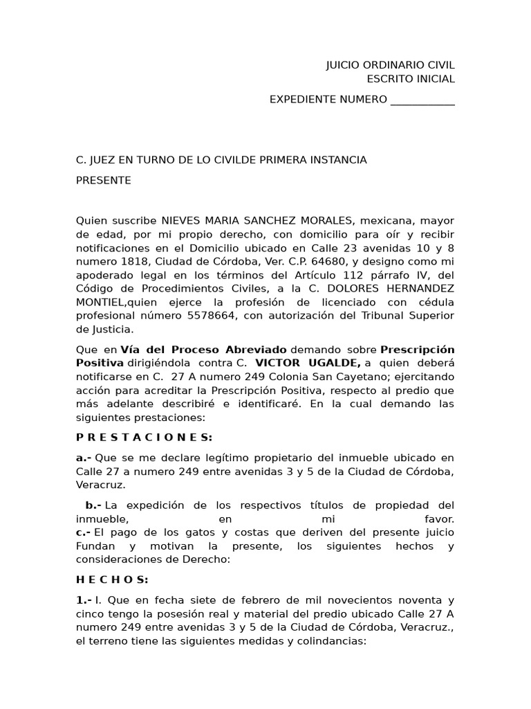 Demanda de Prescripción Positiva Civil | PDF | Posesión (Ley) | Propiedad