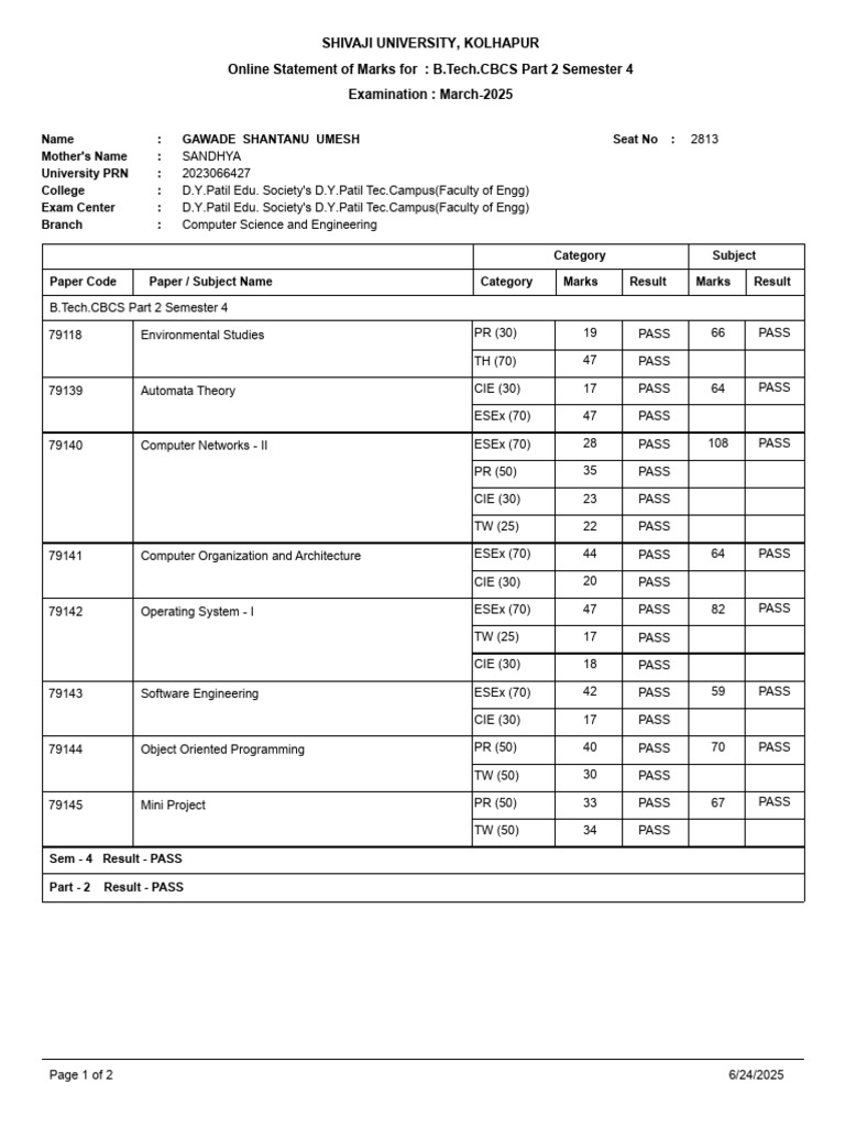 B.Tech Semester 4 Marks - Shivaji Univ | PDF | Science | Computer Science