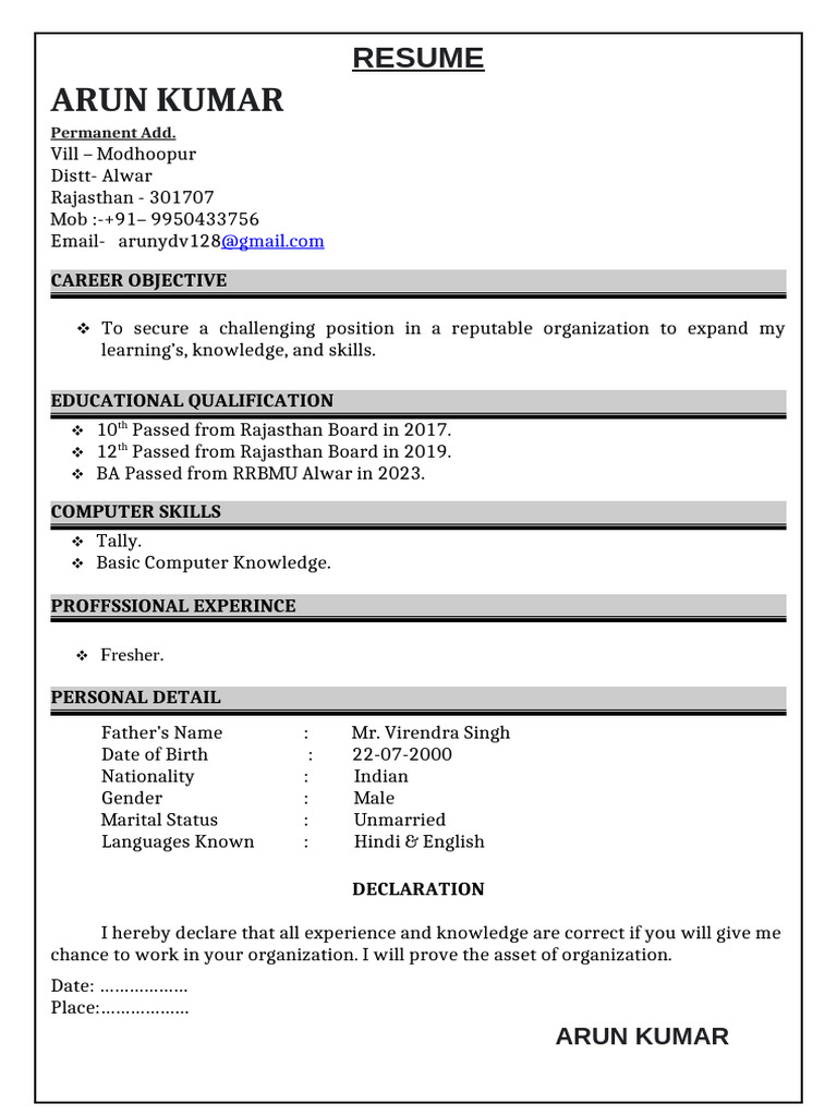 Arun Kumar Resume - Fresh Graduate | PDF