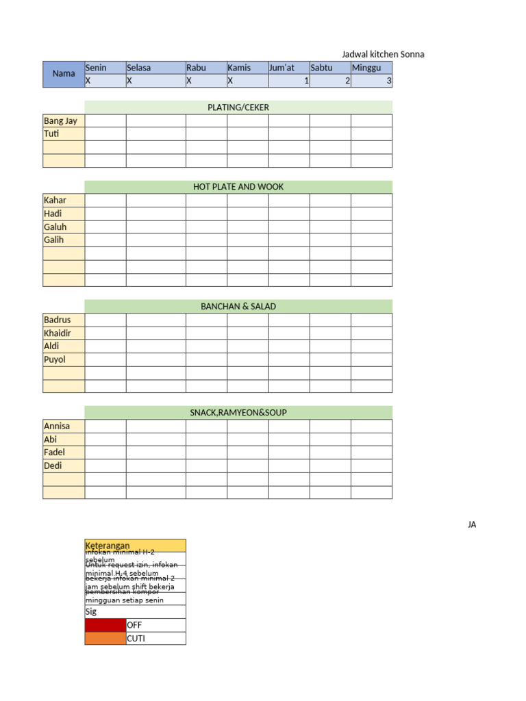 Jadwal Kitchen Sonna-1 | PDF