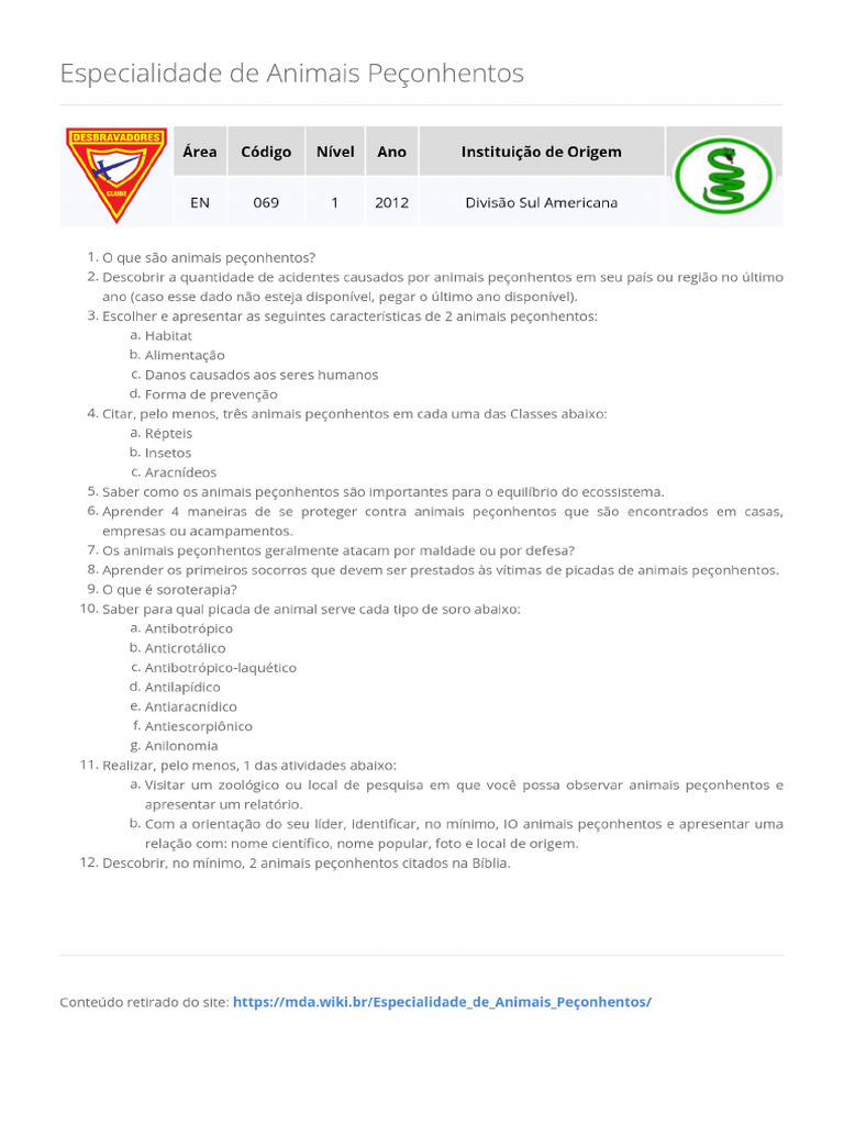 Especialidade de Animais Peçonhentos | PDF