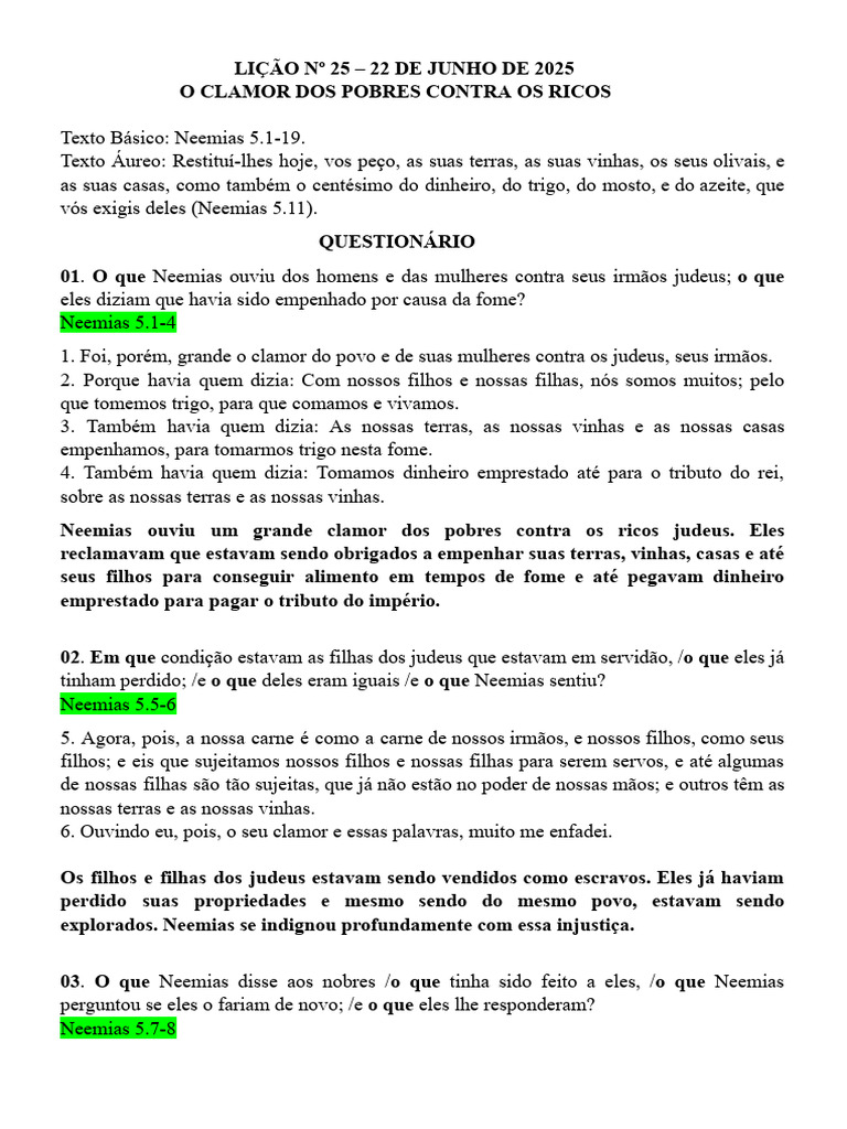 Clamor dos Pobres em Neemias 5 | PDF | Servidão | Dinheiro