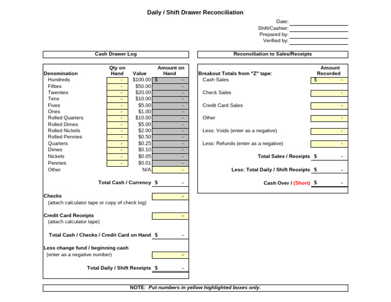Cash Drawer Recon Template PDF Cash Coins
